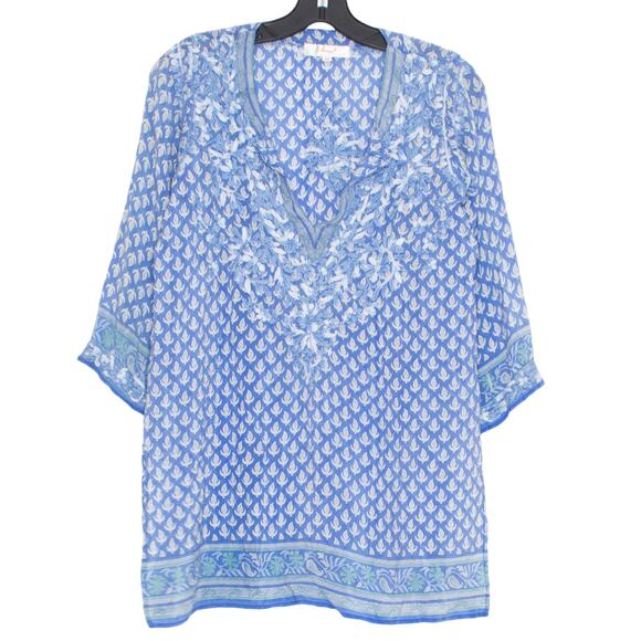 Amaya Womens Tunic Top Silk Embroidered V Neck Elbow Sleeve Blue Size 40 8 EV - Picture 1 of 7